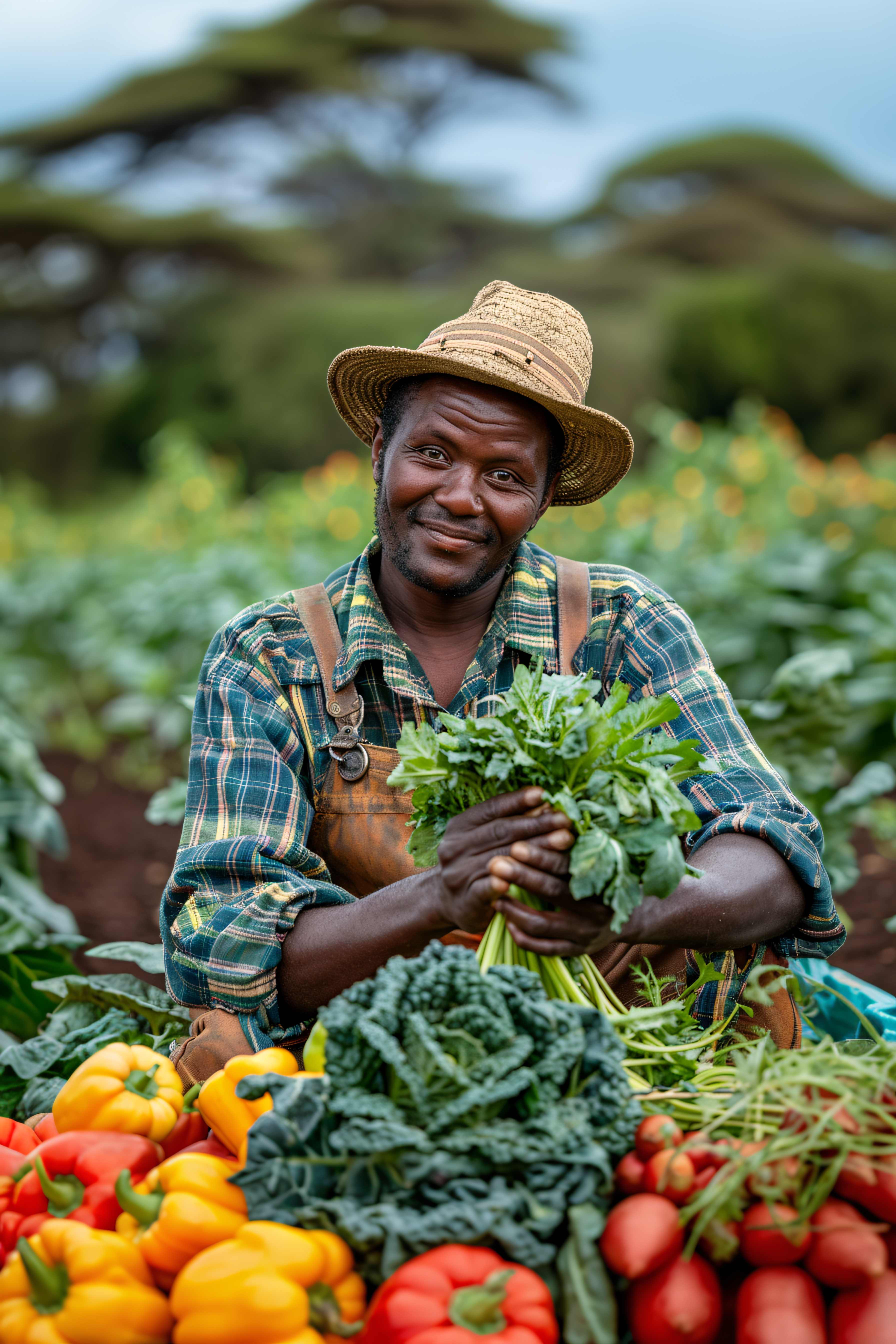 Farmer surrounded by colorful vegetables